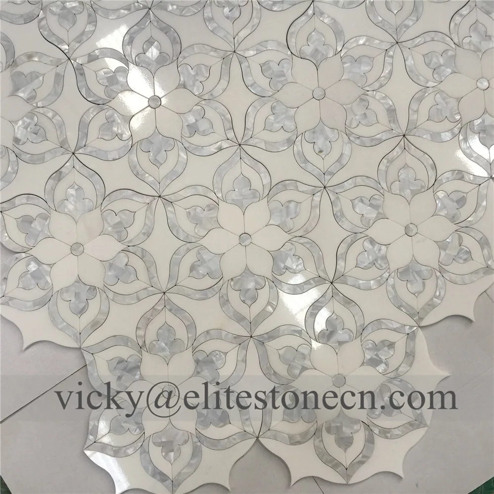Thassos white marble mosaic flower designs ,mother of pearl flower mosaic ,seashell mix stone mosaic tile