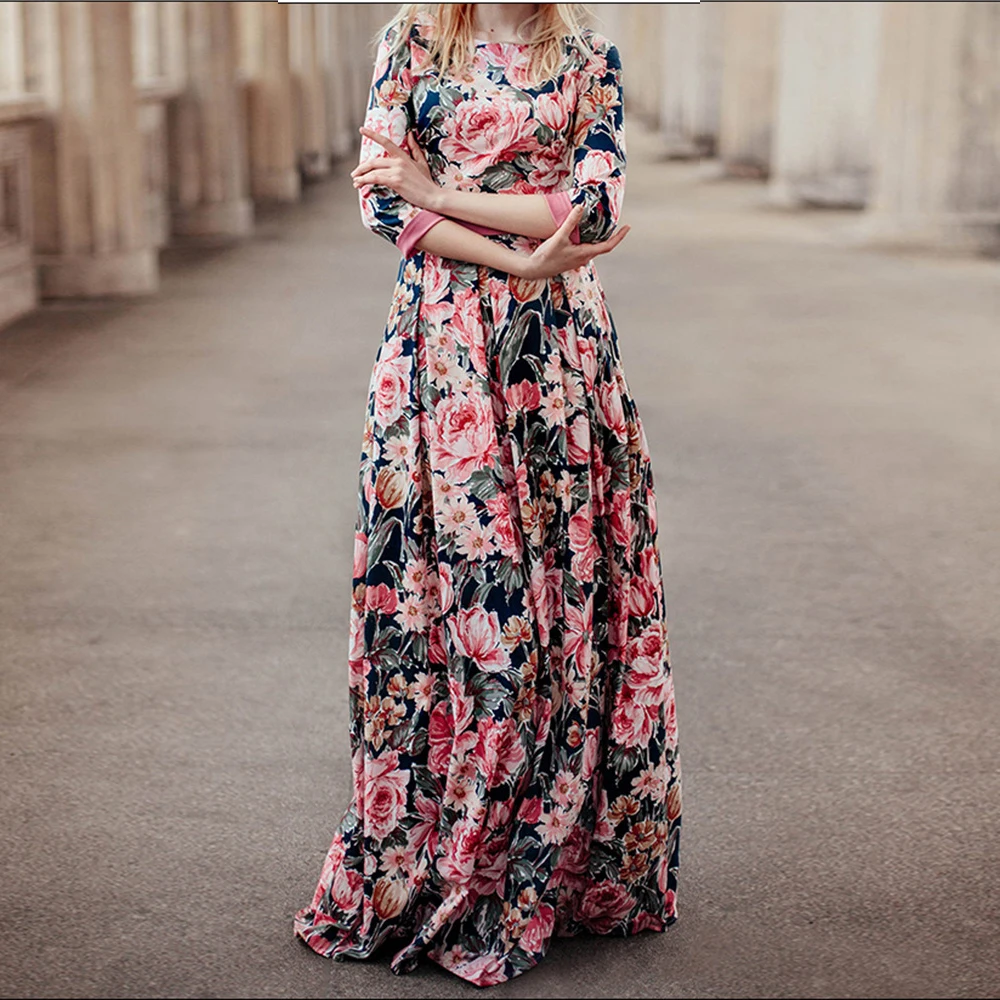 Elegant Bohemian printing long O-neck 3/4 sleeve big hem women spring summer dress