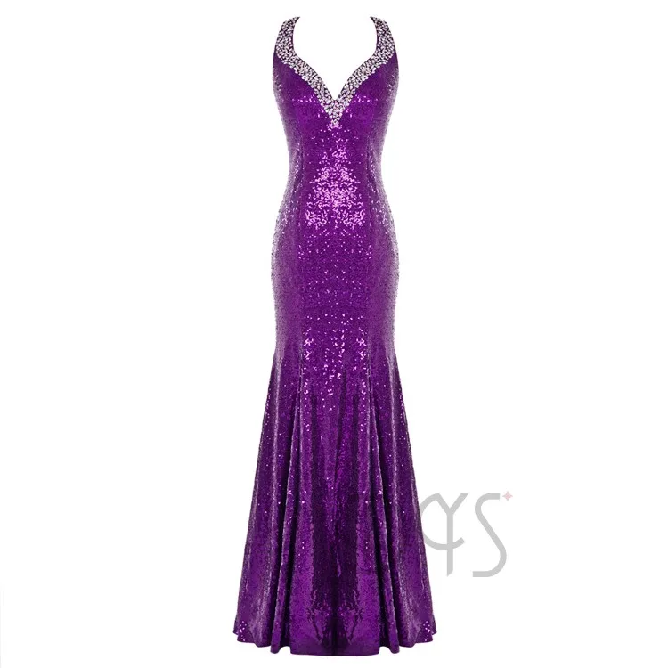 Beaded Sequin Sexy Long Purple Mermaid Evening Dress with Open Back