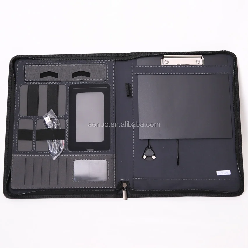 Wholesale Custom gift A4 conference leather file folder Zipper Padfolio with powerbank