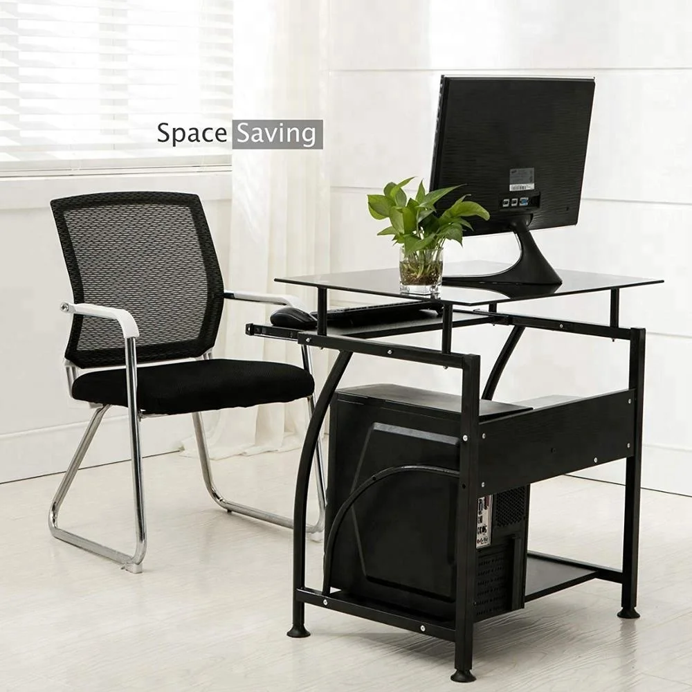 Tempered glass Steel Computer Desk with storage shelf Study PC Laptop Study Writing Table Home Office use Furniture