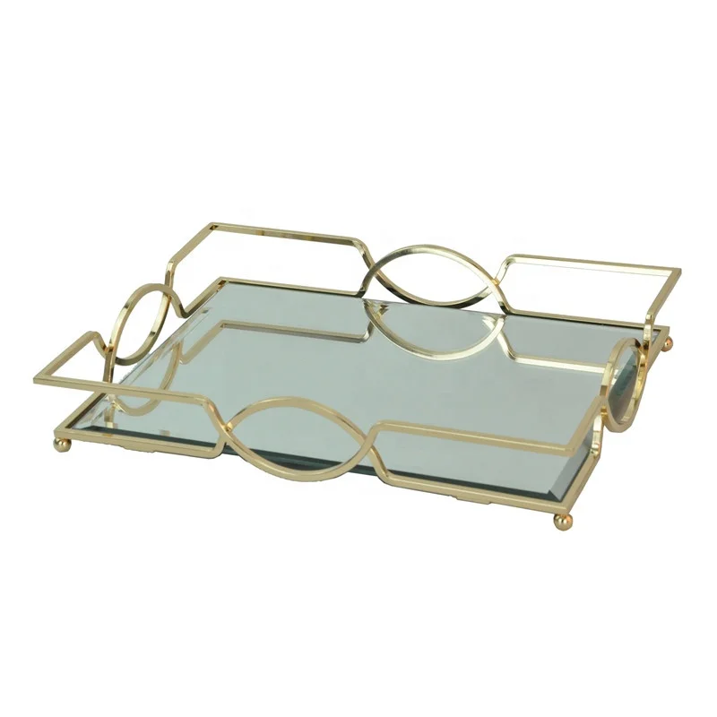 Decorative luxury Mirror Tray Glass Vanity Rectangle Home Decor Gold Metal Perfume Serving Storage Tray