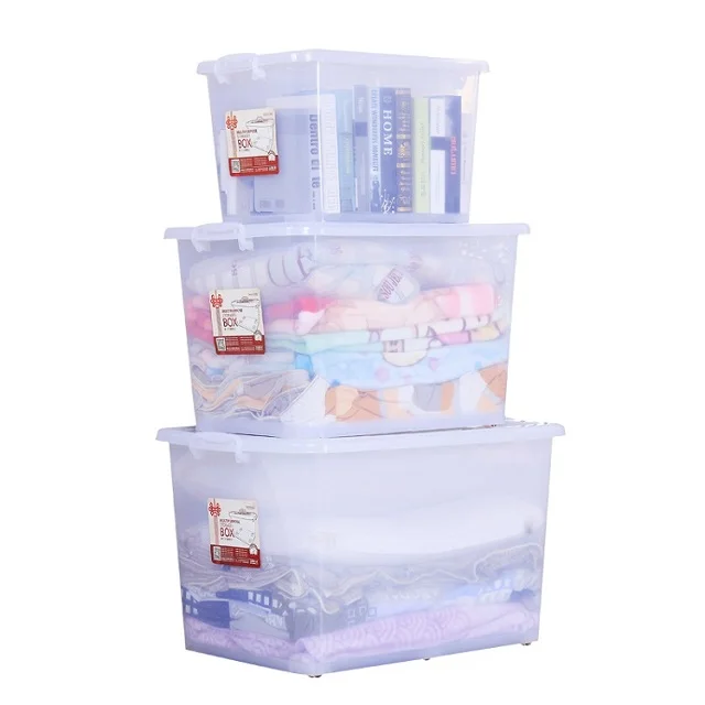 Wholesale 100L Clear Plastic Bin With Lids Wheels Transparent Plastic Storage Box