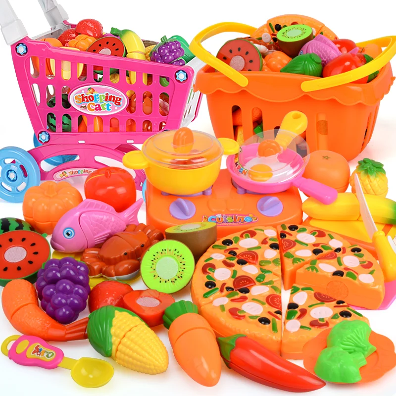 Kids Pretend Play Plastic Kitchen Food Set Trolley Basket Fruit Stand Cutting Fruit And Vegetable Toy