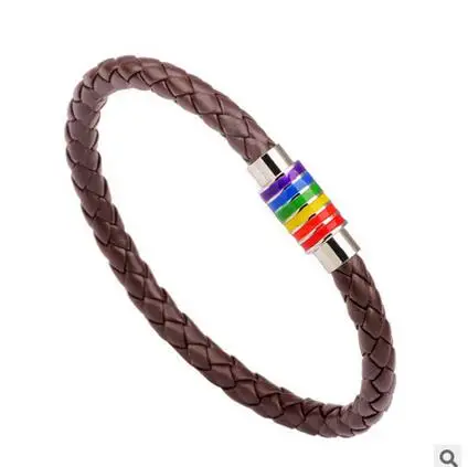2017 Fashion Men Rainbow Jewelry Charm Genuine leather Bracelet Stainless Steel Magnetic Buckle Accessories Gay Pride Bracelet