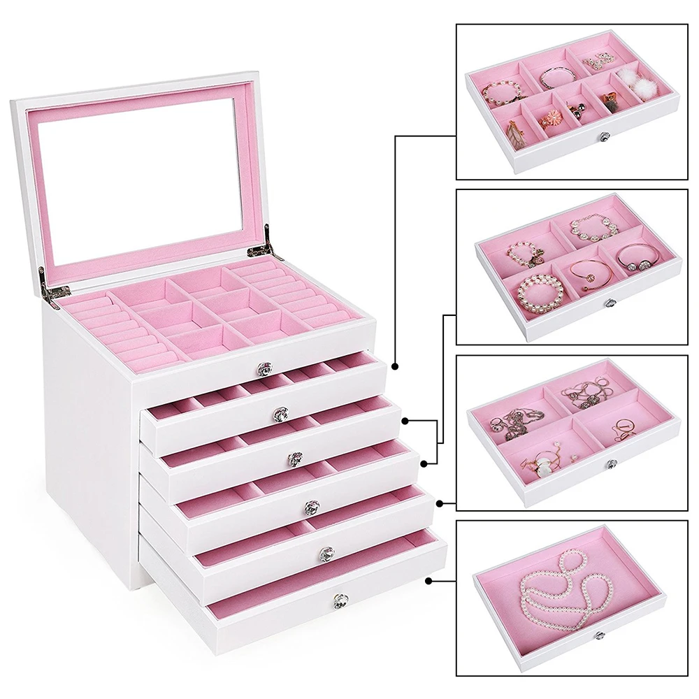 
Lacquer Five drawers custom large white big jewelry box large mirror stand up 