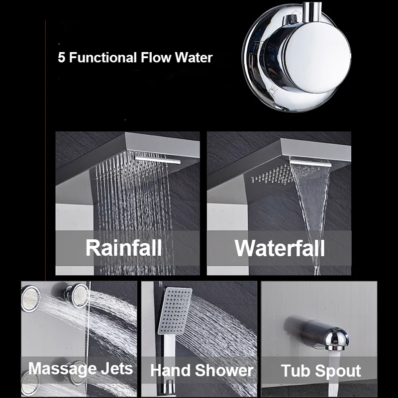 Thermostatic Waterfall Rain Shower Column Panel Jets Sprayer Hand Tub Mixer Tap
