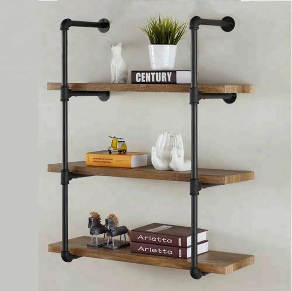 
Industrial Wall Mount iron Pipe Shelf Shelves Shelving Bracket Vintage Retro Black Open Bookshelf Bookcase DIY Storage office K 