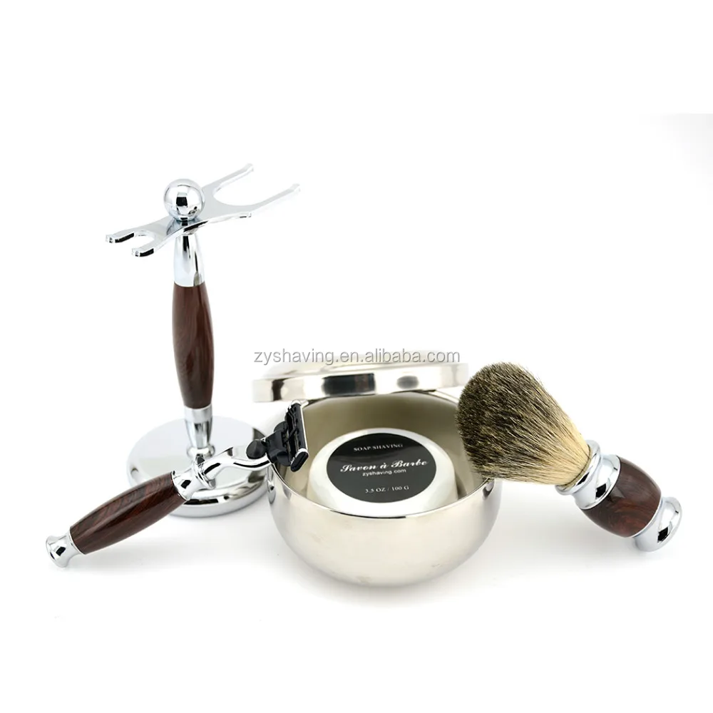 ZYshaving Hot Sale 5in1  HIgh Quality Badger Hair Mens Stand Badger Hair Brush Safety Razor Soap Bowl Barber Shaving Set