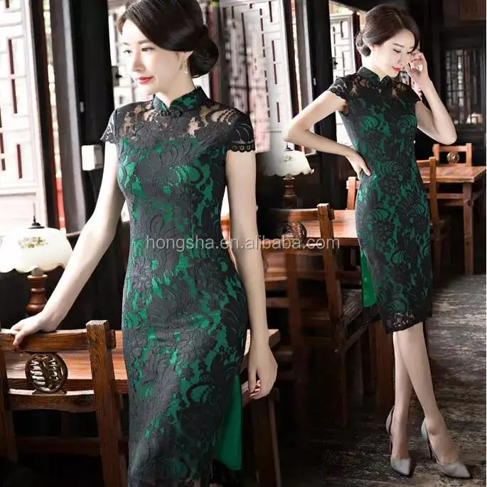 Women Plus Size Qipao Black Floral Lace Green Lined Short Mandarin Collar Dress Below Knee Sheath Dress HSQ9300