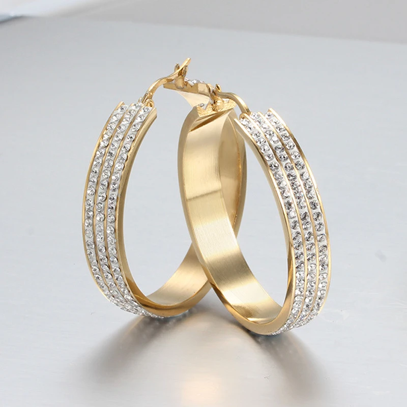 New Design High Quality Anti Allergy 3 Layers Full Crystal Micro Pave Gold Stainless Steel Big Circle Hoop Earrings For Women