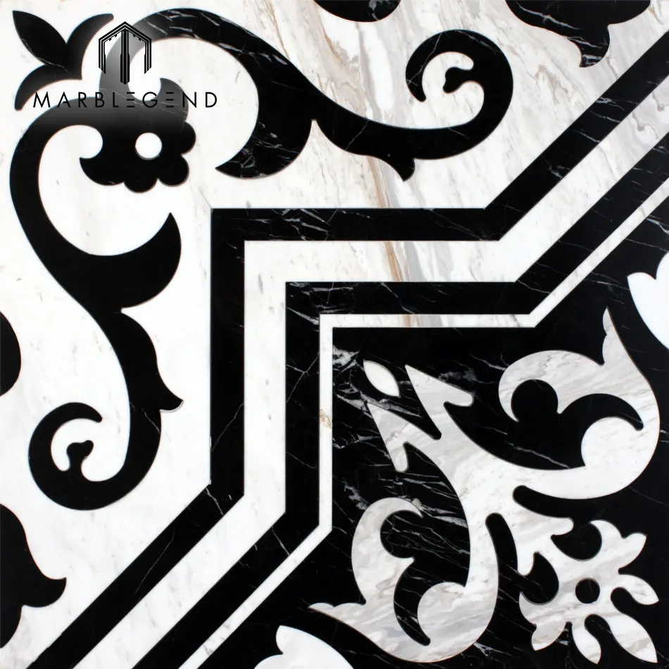 Black and white wave pattern Waterjet laminated Marble inlay Floor Medallion