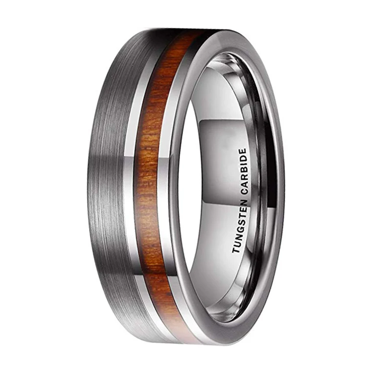 Latest New Brush Finish Pipe Cut Koa Wood Inlay Tungsten Carbide Wedding Ring Band