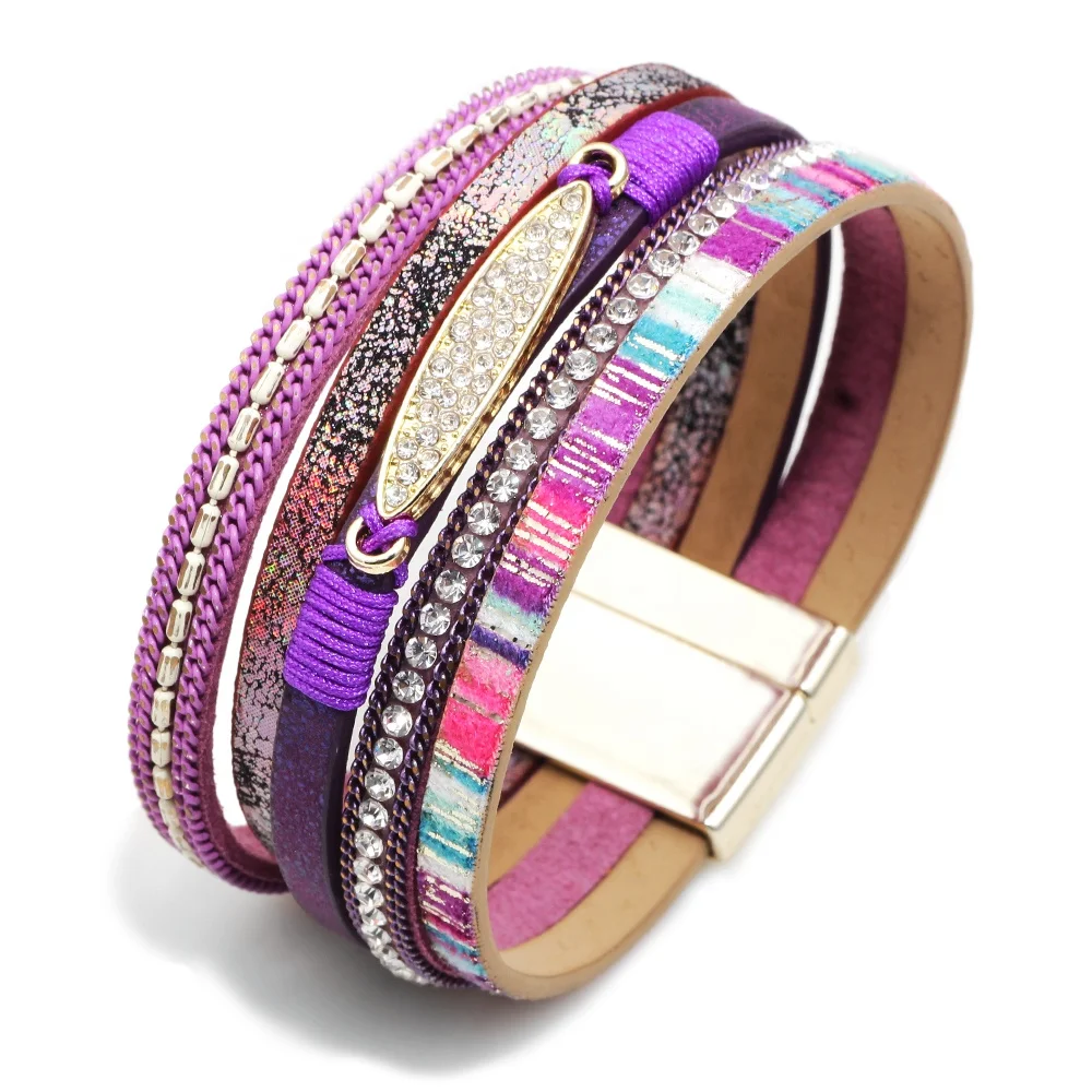Bohemia women crystal rhinestone paved alloy charm layers leather bracelets with magnetic clasp