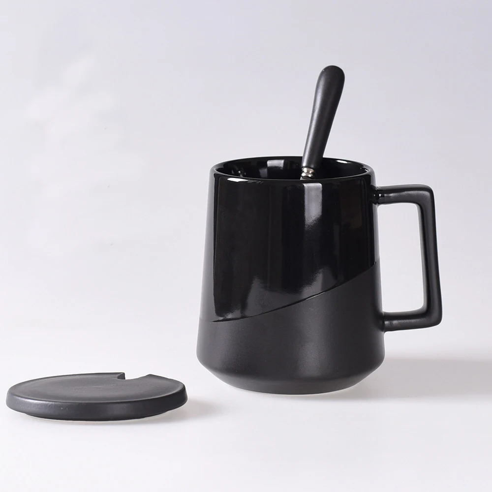 
Office Large Capacity Black Ceramic Cup with Lid Spoon Cups and Mugs 