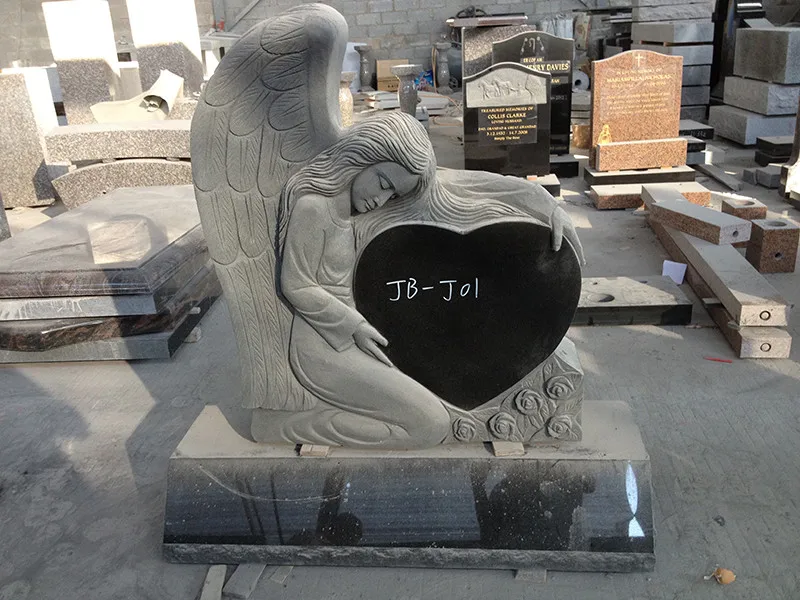 Black Granite Engraving Upright White Angel Wings Headstones Cemetery with Heart