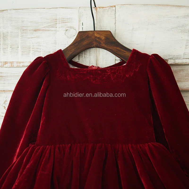 Long Sleeves Burgundy Red Velvet Champagne Tulle Lace Wedding Flower Girl Dress Princess Christmas Party Dress
