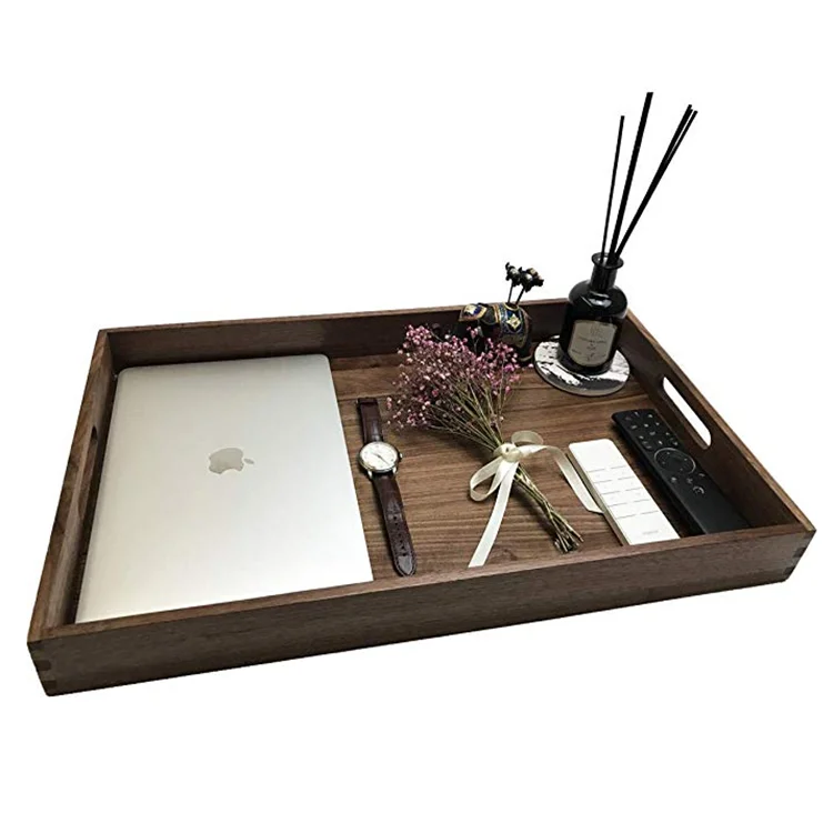 Large dark walnut wooden ottoman serving tray with handle