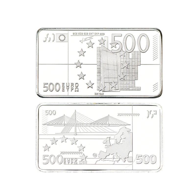 Hot Sale 24K Silver Plated Bar Top Quality Silver Banknote Metal Bars Square 500 Euro Commemorative Bar for Souvenir