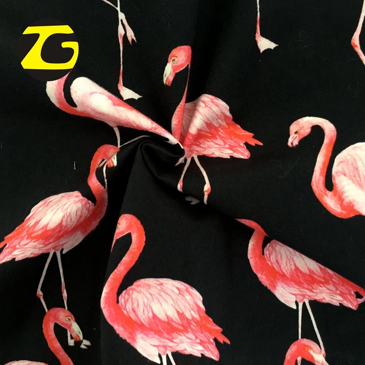 Plain woven cotton elastic stretch poplin digital flamingo printed fabric for dress