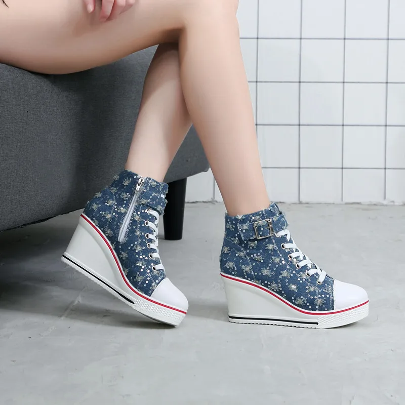Wholesale top quality fashion high heel sneakers women wedge heel canvas shoes