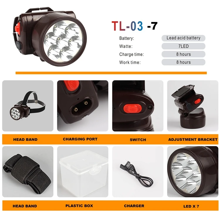 TL-03-7 ( 7 LED ) Lead acid battery Portable led head light rechargeable LED headlamp for rubber farming work