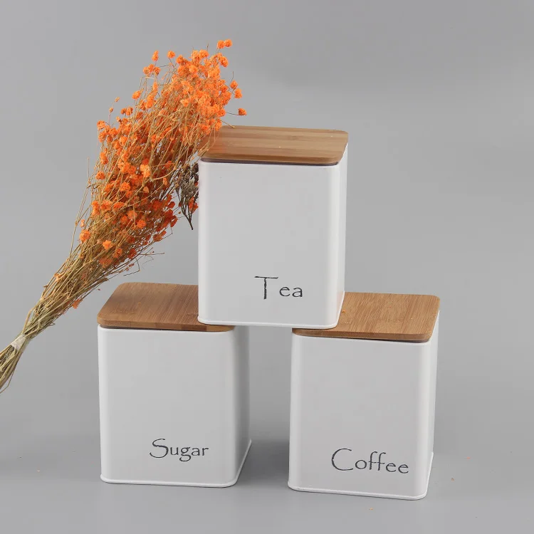 Hot Selling wood cover 3 pcs dry food storage Airtight Metal Tin Iron color Square flour sugar canister sets for kitchen counter