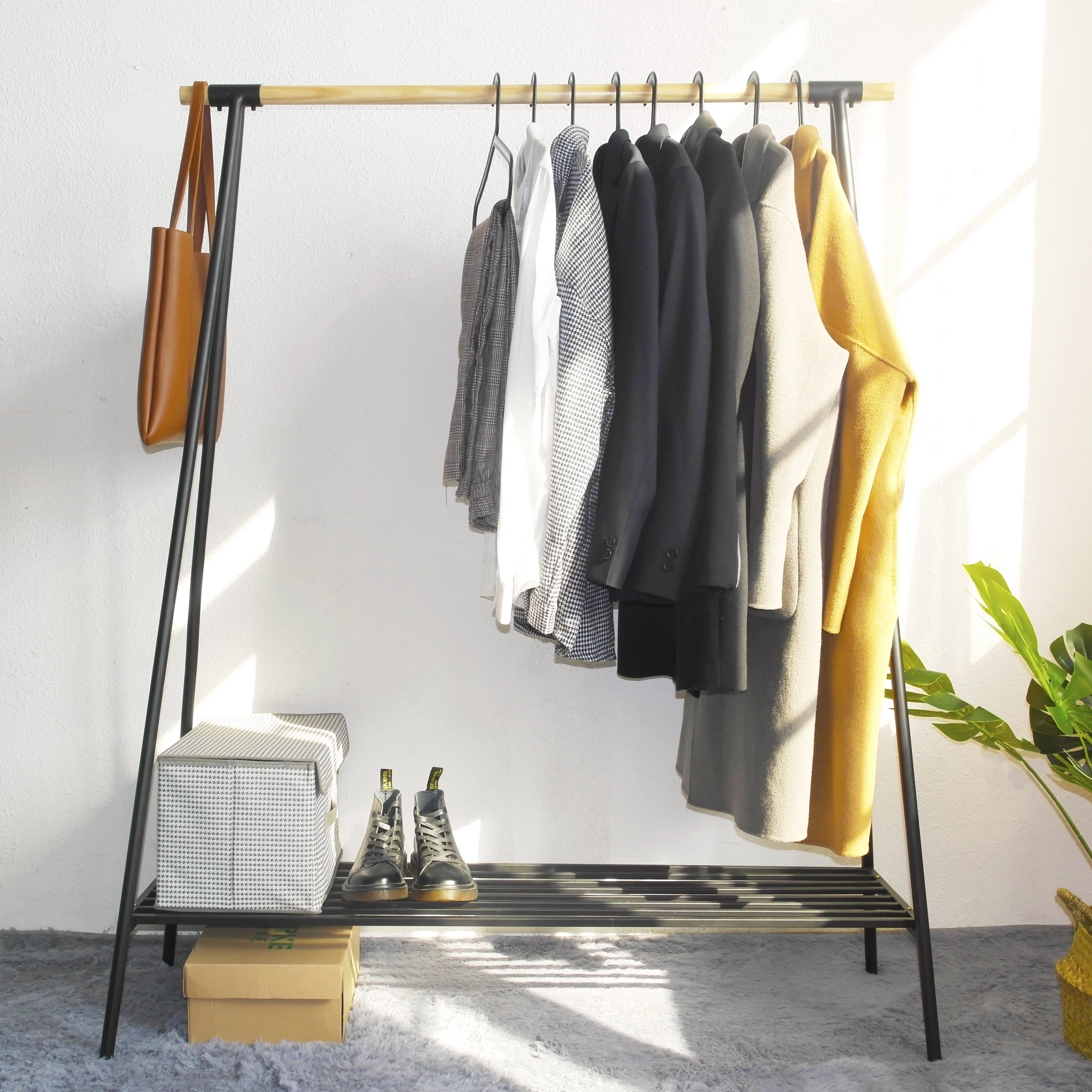 Floor Standing Entryway Metal Garment Coat Rack With Shoe Rack Display For Home Furniture Supplier In Ningbo China
