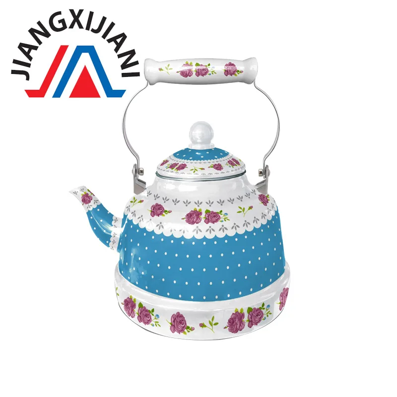 
New Decal Pink Good quality enamel Kettle enamel nice decal teapot with ceramic handle 