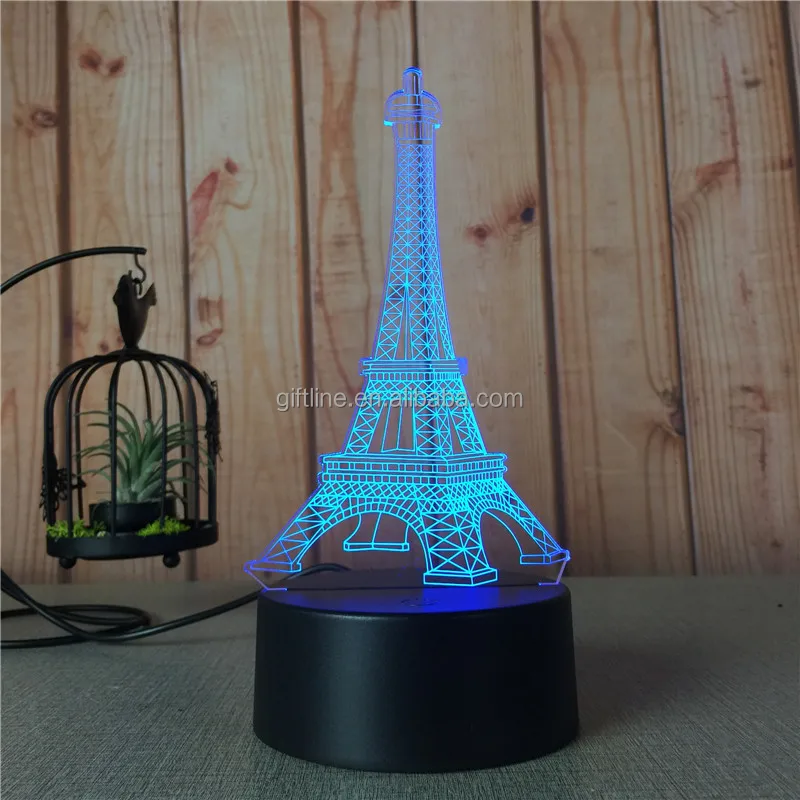 Custom The Eiffel Tower Acrylic 7 Colorful 3D Optical Illusion Night Light LED Table Desk Lamp