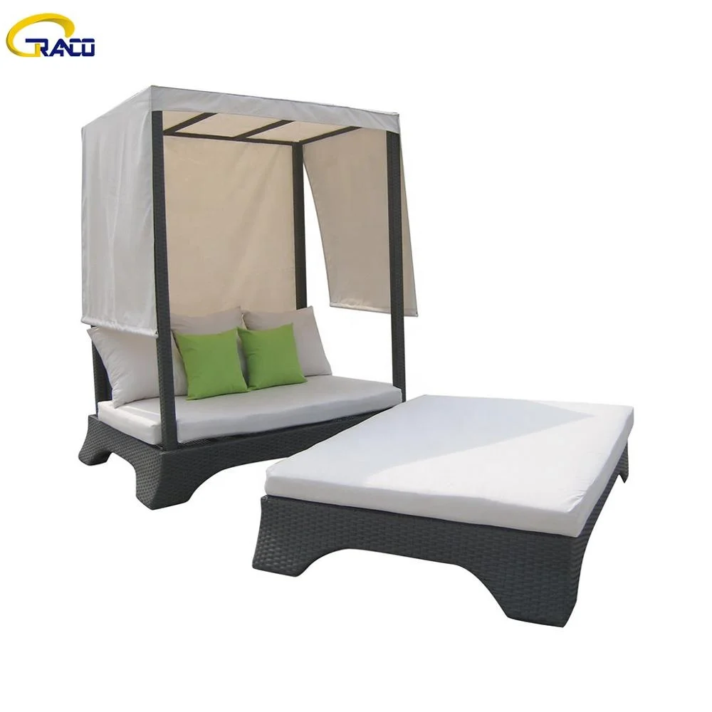 Cheap luxury outdoor Leisure Furniture Garden Shaped Bed Wicker Round  Lounger patio sun Daybed With Canopy