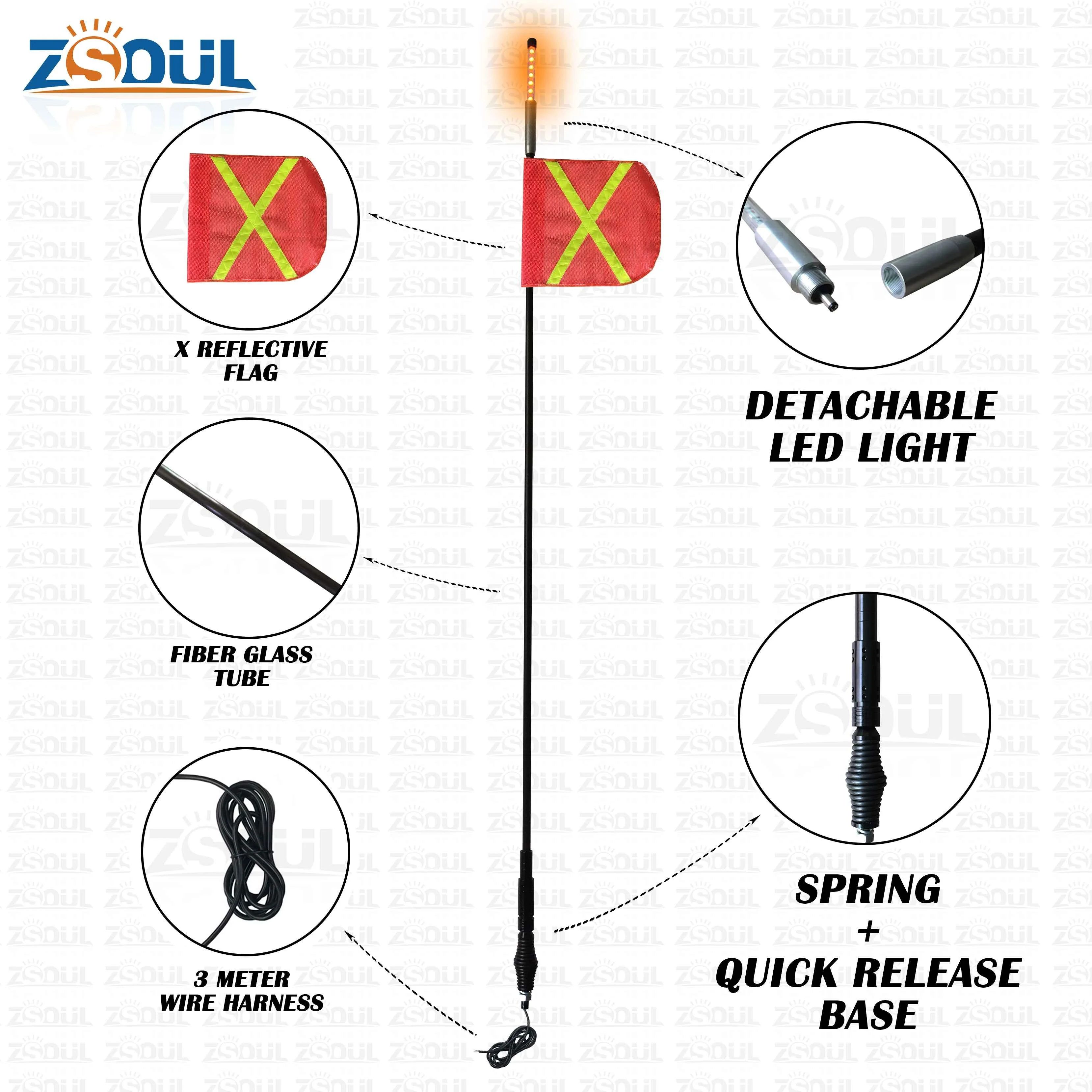 12v Safety Flag For Mine WIth Fiberglass Pole And Spring Quick Release Base Mining Flag Pole For ATV UTV Truck Safety Whip