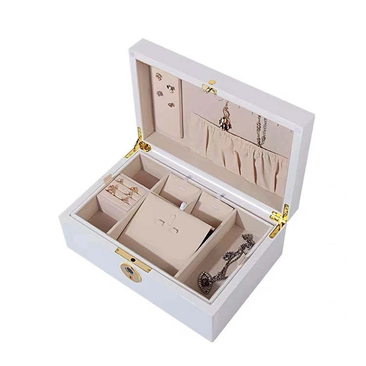 Custom Fingerprint Lock Wooden Jewelry Box Luxury Treasure Ornaments PU Leather Box