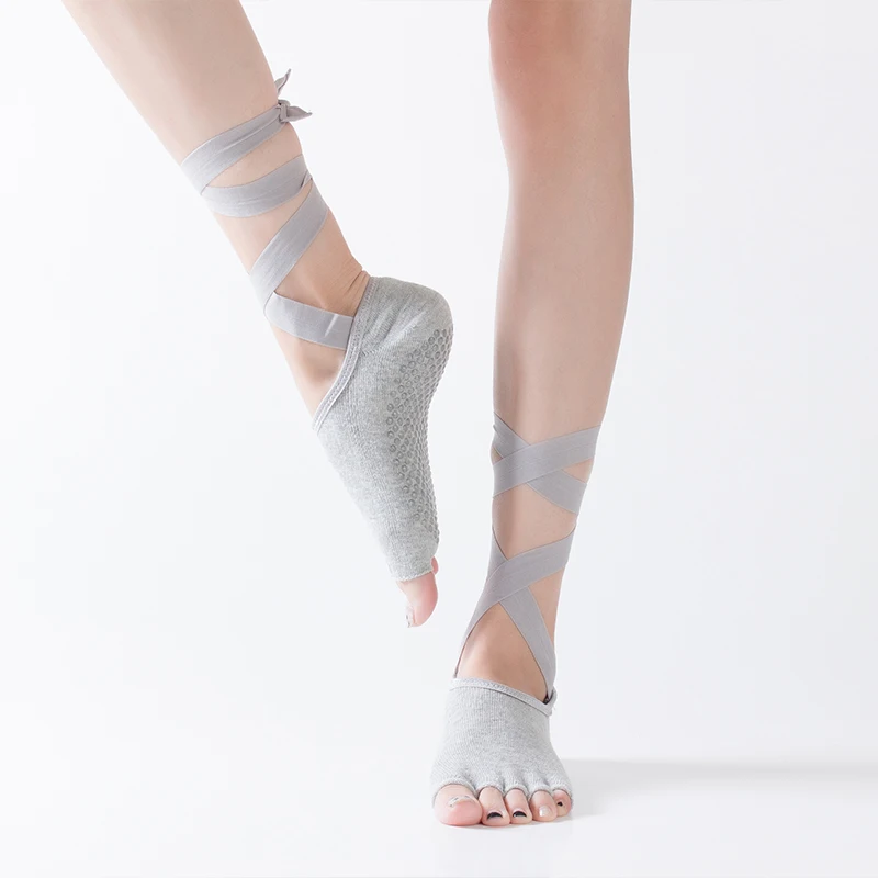 
Good Quality Women Solid Cotton Non Slip Grip Toeless Ribbon Yoga Dance Socks 