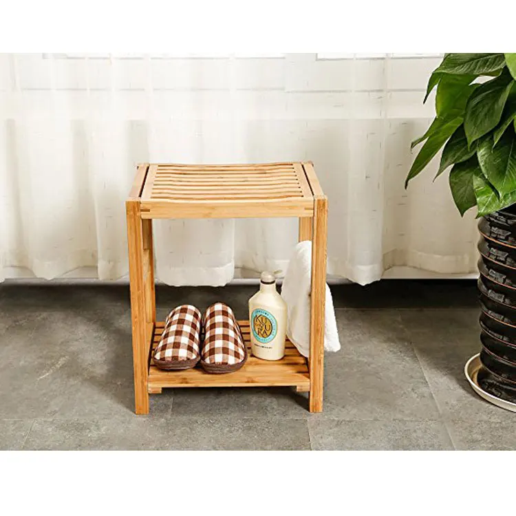 Bathroom accessory bamboo shower bench with storage shelf