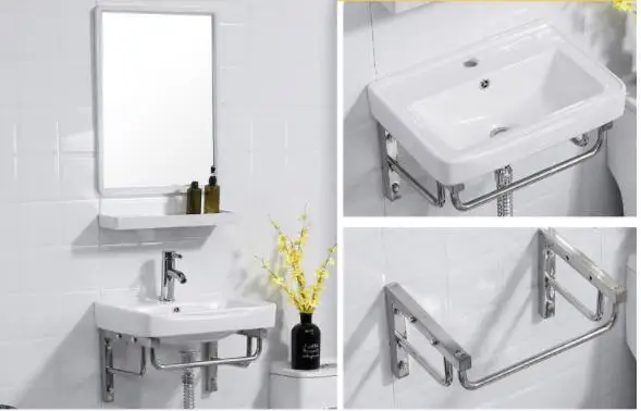 Square Design Ceramic Simple Wall Hung Basin with Stainless Steel Shelf