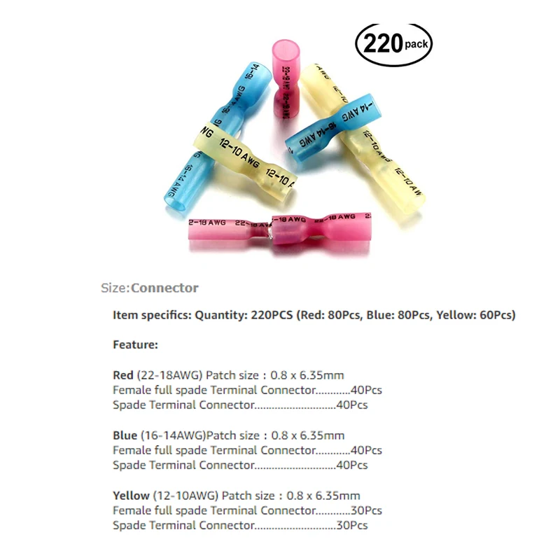 QWT 220pcs Fully Insulated Electrical Crimp Heat Shrink Female And Male Terminals Waterproof Splice Butt Connectors Kit