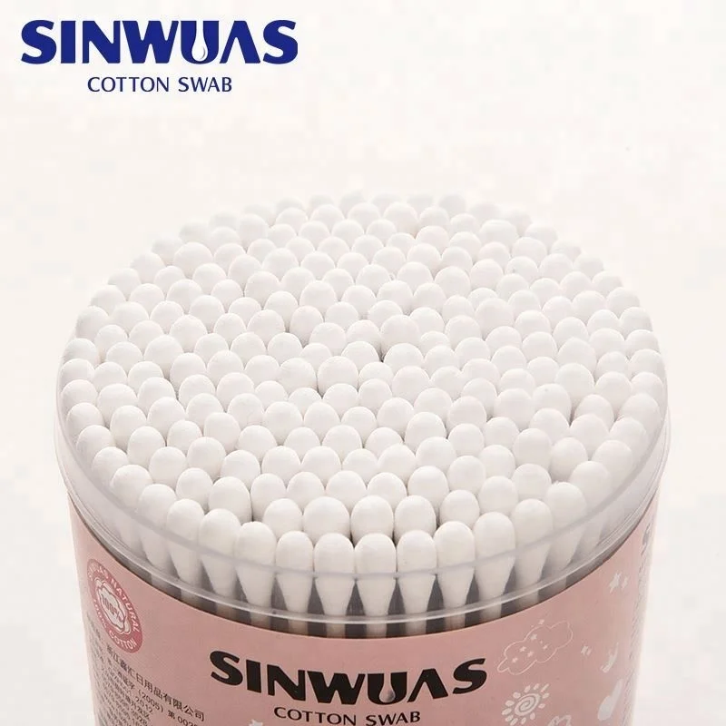 Round box OEM design healthy double pure cotton ear bud with wooden stick