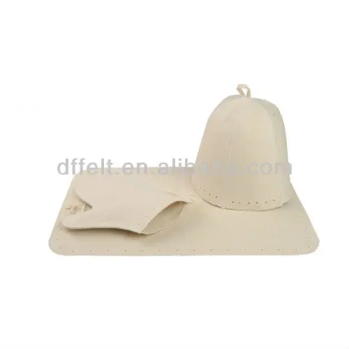 Wool felt sauna hat, sauna gloves and sauna seat cover