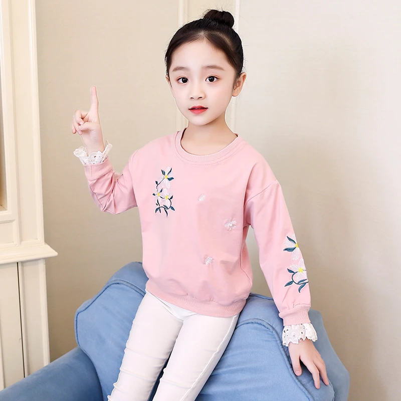 
Children clothing cotton fabric embroidered pearl lace ruffles pullover hoodie 