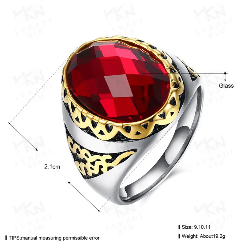 
2019 Latest Gold Plated Men Ring Red Glass Stone Ruby Stainless Steel Rings Gifts 