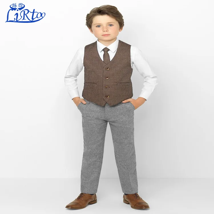 High quality custom boys grey and brown tweed suit new design child track suit