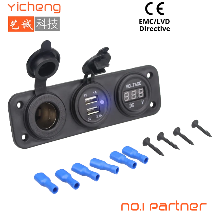 A11 Car Boat Marine Bus Charger Panel mount 12v USB Socket with Digital Voltmeter and Cigarette Lighter Socket