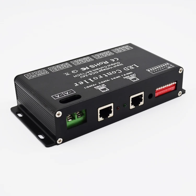 
12 Channel LED DMX512 1990 Constant Decoder 5VDC to 24VDC 5A per Channel PWM Output signal RJ45 