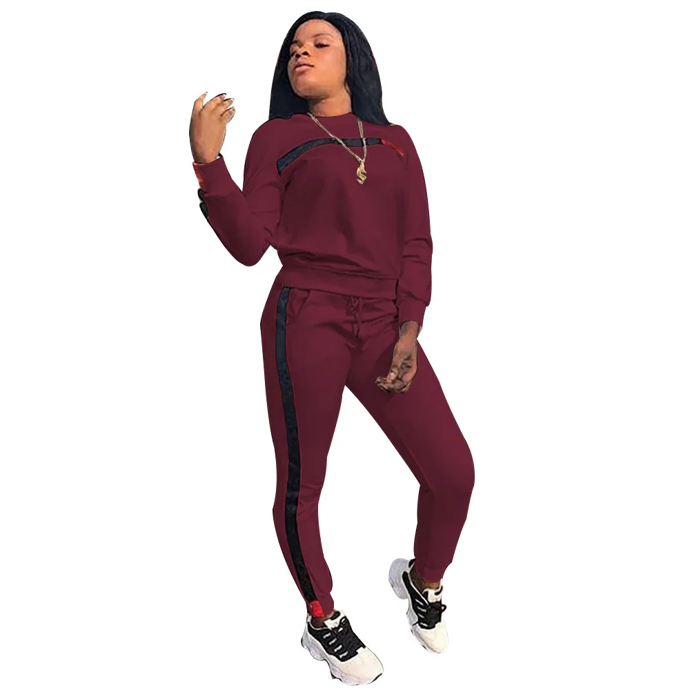 
2021 New Arrivals Fashion Women Casual O-Neck Long Sleeve Sweater Tops long Pants Front Side Striped 2 Piece Set Tracksuit 