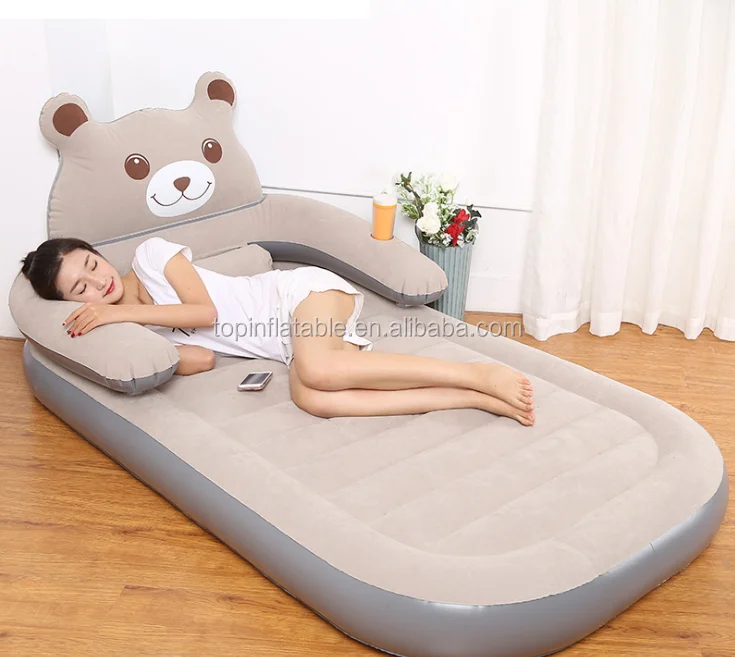 Soft Raised Flocked Fabric airbed twin home use inflatable mattress with built-in Pump kawaii bear style