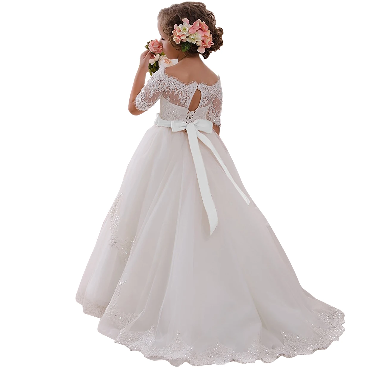 
lace flower girls ball gown dresses with bow first communion dresses for girls half sleeves holy communion dresses for girls 