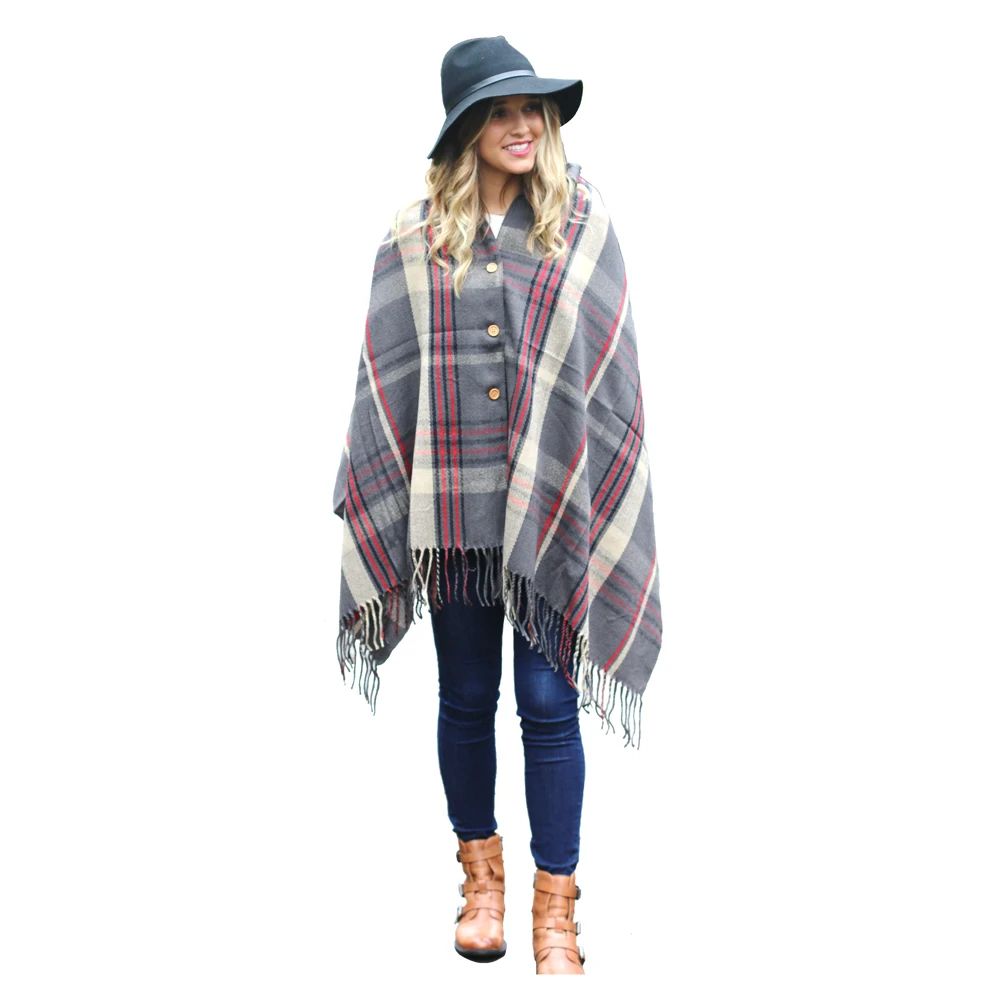 
plaid classic fringe button hot selling ladies cape poncho 