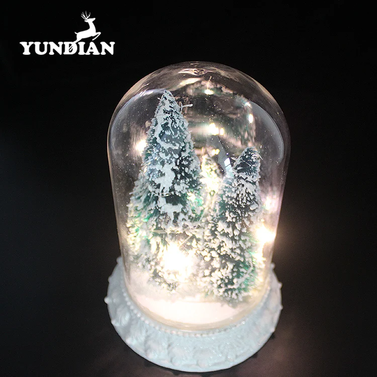 Wholesale hand made decorative led lighted up clear glass dome bell cloche ornament with base with christmas tree inside