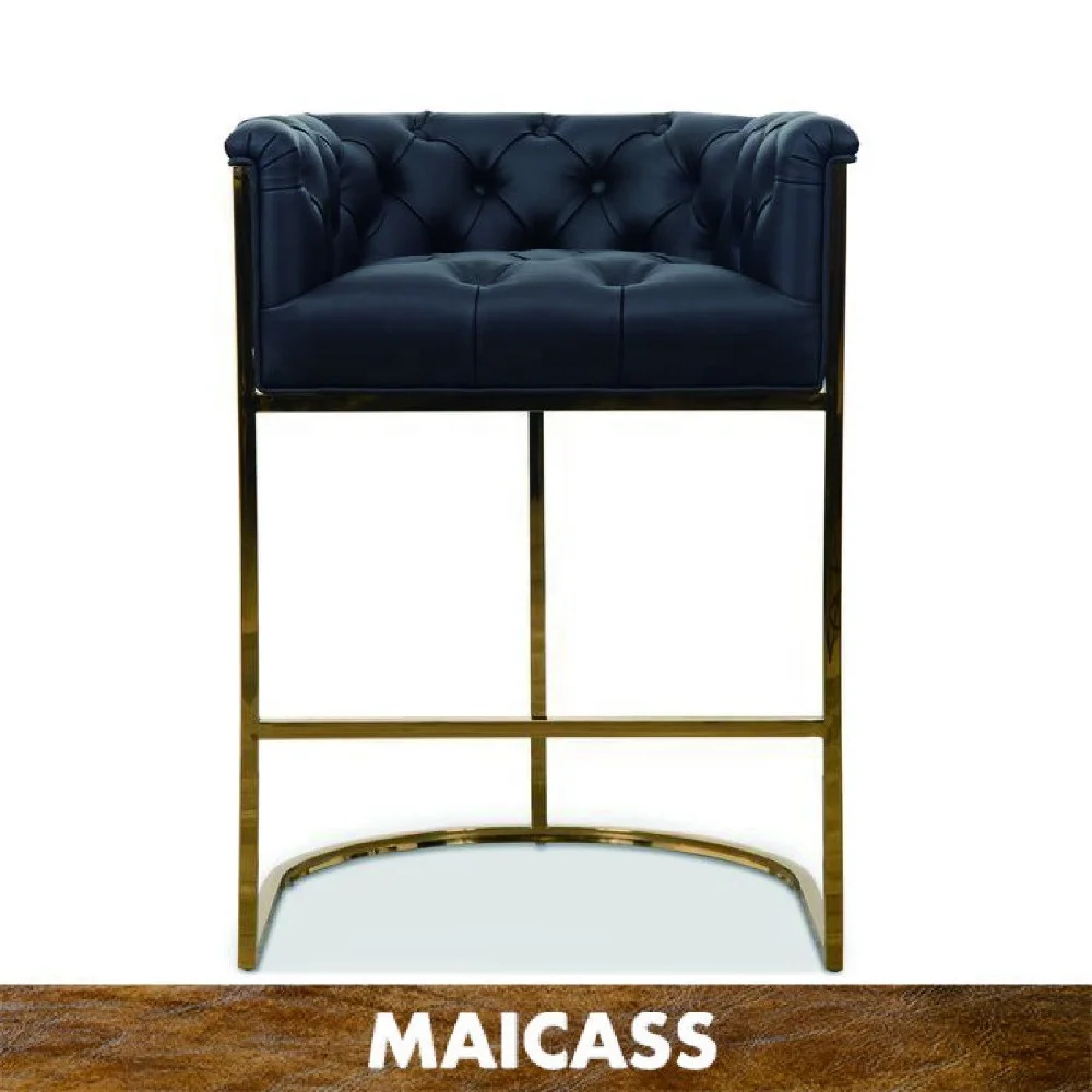 Роскошный полированный барный стул из матовой латуни и черной кожи